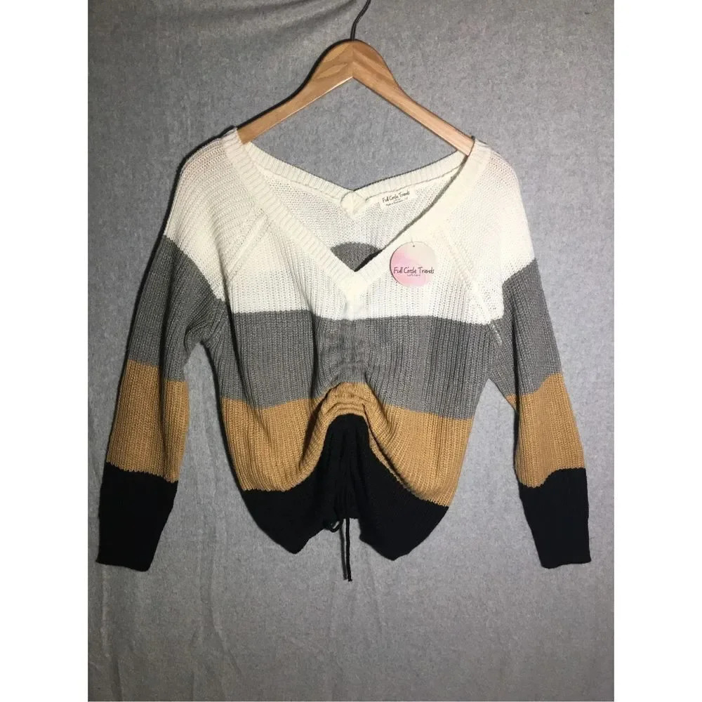 NWT Womens Full Circle Trends Sweater Cropped Colorblocked Flattering Tie Front